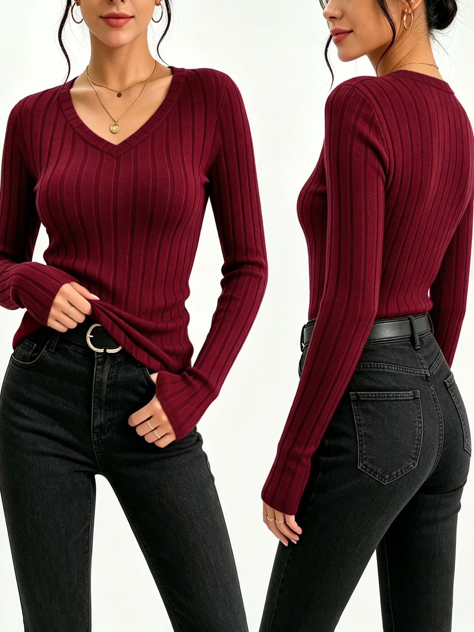 レディース無地Vネックリブニットトップ、スリムフィットストレ - Winter Clothing For Women のレビューと価格