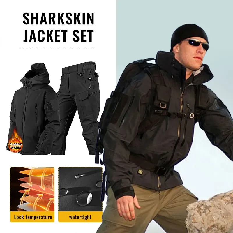 Winter Clothing Hiking - メンズ2ピースベルベットトラックスーツセット,厚くて柔らかいシェル,サメの皮の嵐,フード付きジャケット,ハイキング服,釣り,冬の仕事