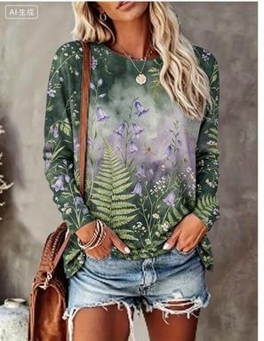 レディース長袖Tシャツ グラデーション背景 水彩花鳥柄 クル - Winter Clothing For Women のレビューと価格