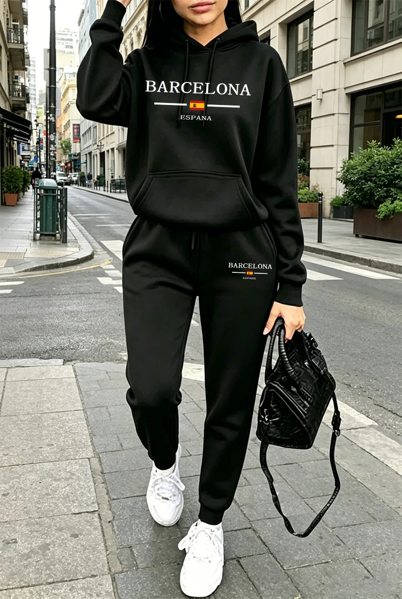 ファッションレディーストラックスーツプリントカジュアルフーデ - Winter Clothing For Women のレビューと価格