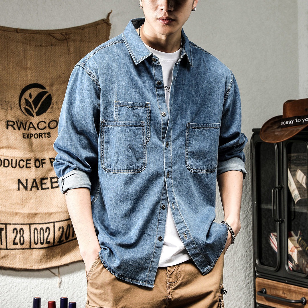 春の若者向けハンサムデニムツール加工長袖シャツメンズインスタ - Winter Clothing Pk のレビューと価格