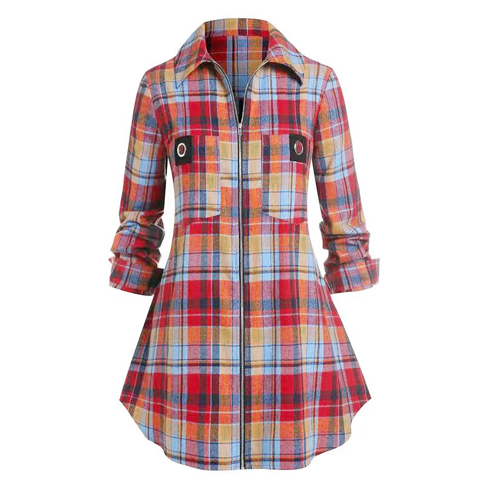 チェック柄の長袖シャツワンピース、女性向け、カジュアル、襟付 - Winter Clothing For Women のレビューと価格