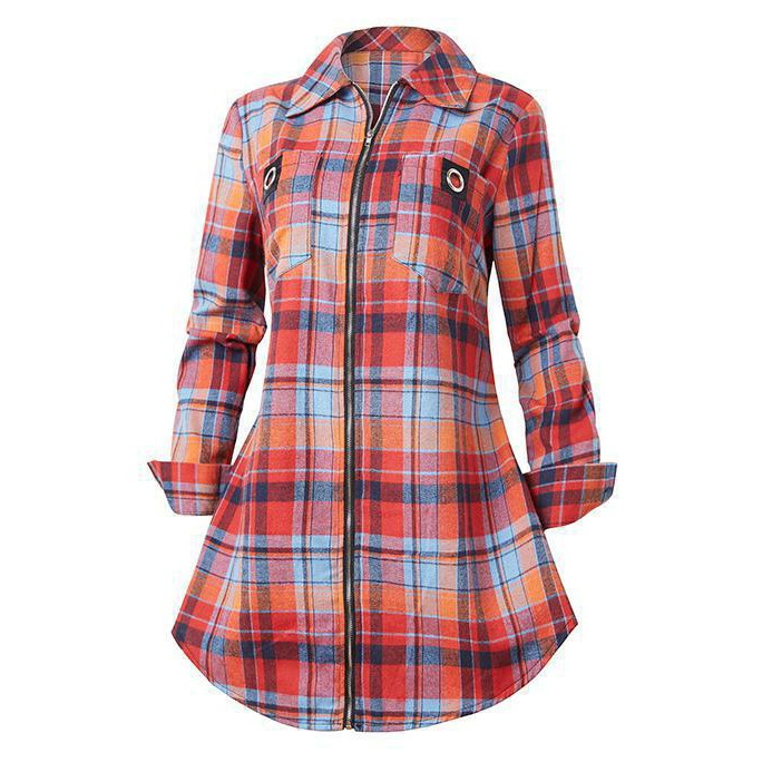 チェック柄の長袖シャツワンピース、女性向け、カジュアル、襟付 - Winter Clothing For Women のレビューと価格