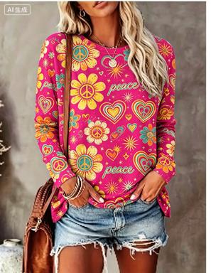 レディース 長袖Tシャツ ヒッピー デイジー バタフライ ピ - Winter Clothing For Women のレビューと価格