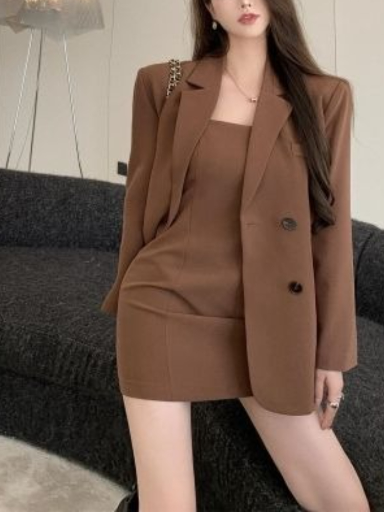 秋冬ブラウンエレガントツーピースセット レディース ルーズフ - Winter Clothing Pk のレビューと価格