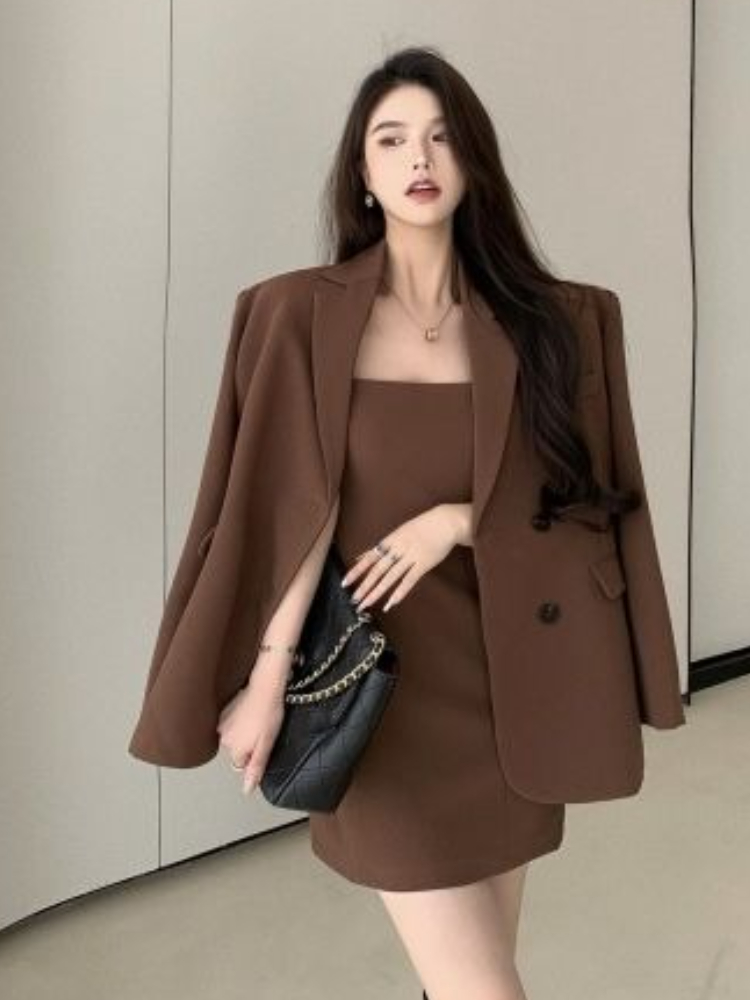 秋冬ブラウンエレガントツーピースセット レディース ルーズフ - Winter Clothing Pk のレビューと価格