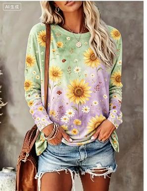 レディース長袖Tシャツ グラデーション背景 水彩花鳥柄 クル - Winter Clothing For Women のレビューと価格