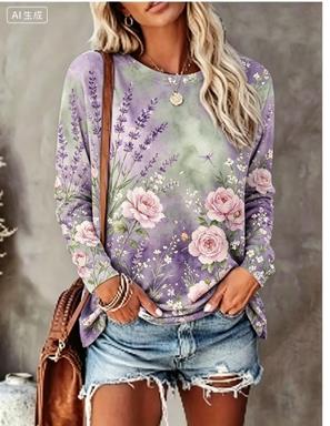 レディース長袖Tシャツ グラデーション背景 水彩花鳥柄 クル - Winter Clothing For Women のレビューと価格