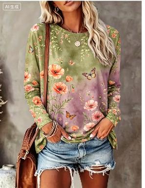 レディース長袖Tシャツ グラデーション背景 水彩花鳥柄 クル - Winter Clothing For Women のレビューと価格