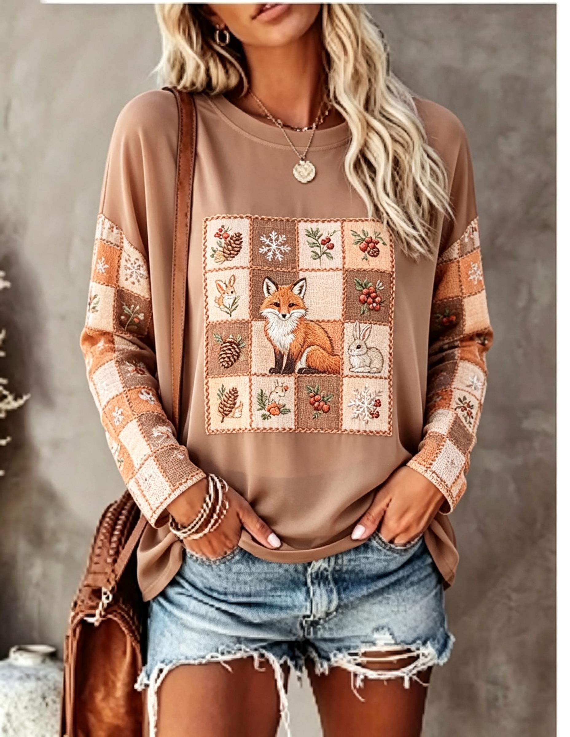 レディース 長袖Tシャツ、フォックス、ウサギ、パッチワーク、 - Winter Clothing For Women のレビューと価格
