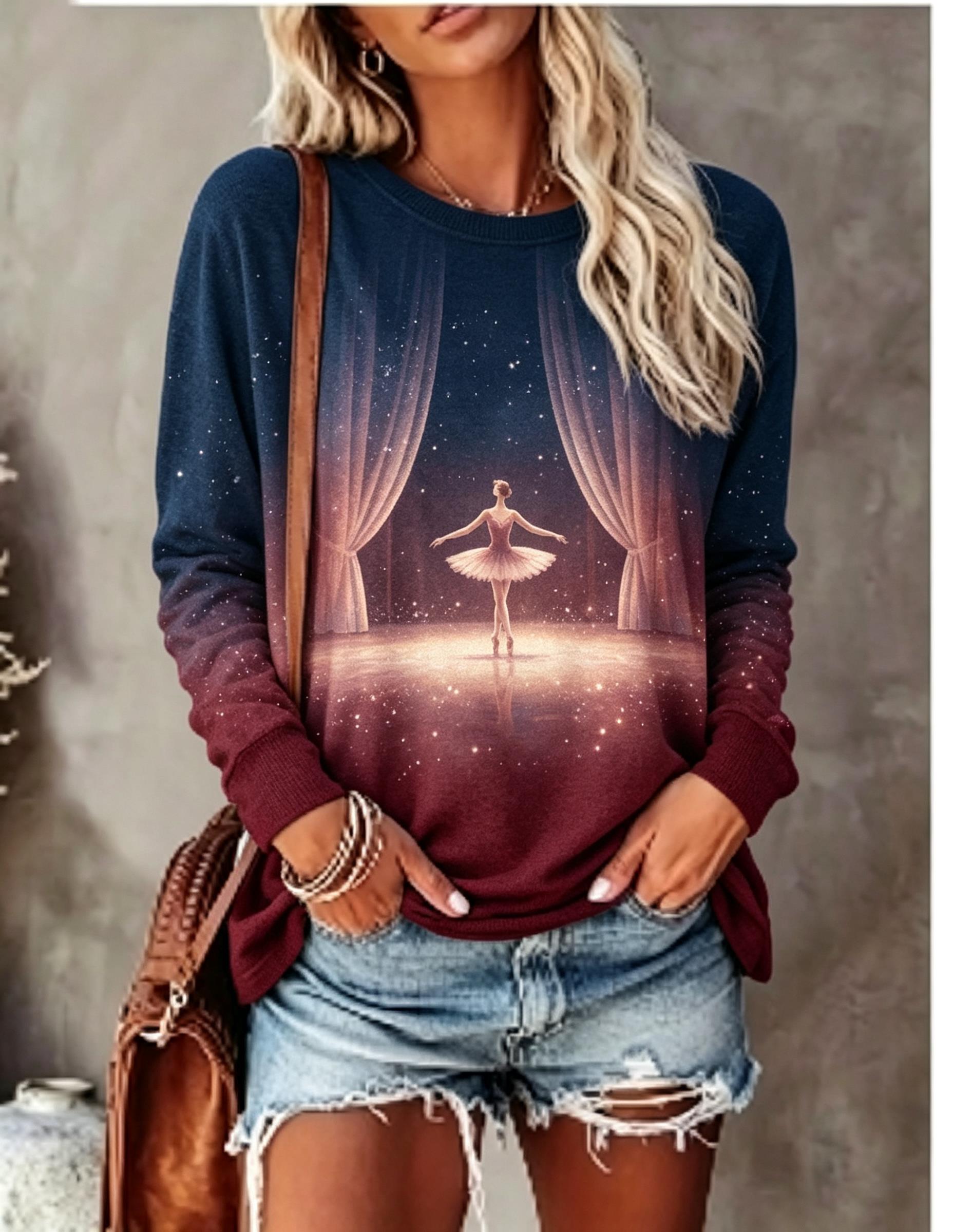 女性用長袖Tシャツ バレエダンサー ステージカーテン スター - Winter Clothing For Women のレビューと価格
