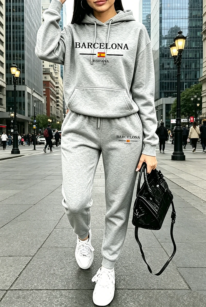 ファッションレディーストラックスーツプリントカジュアルフーデ - Winter Clothing For Women のレビューと価格
