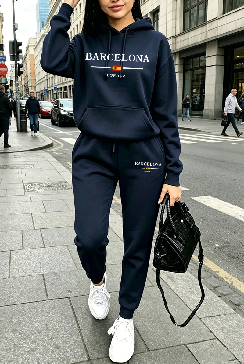 ファッションレディーストラックスーツプリントカジュアルフーデ - Winter Clothing For Women のレビューと価格