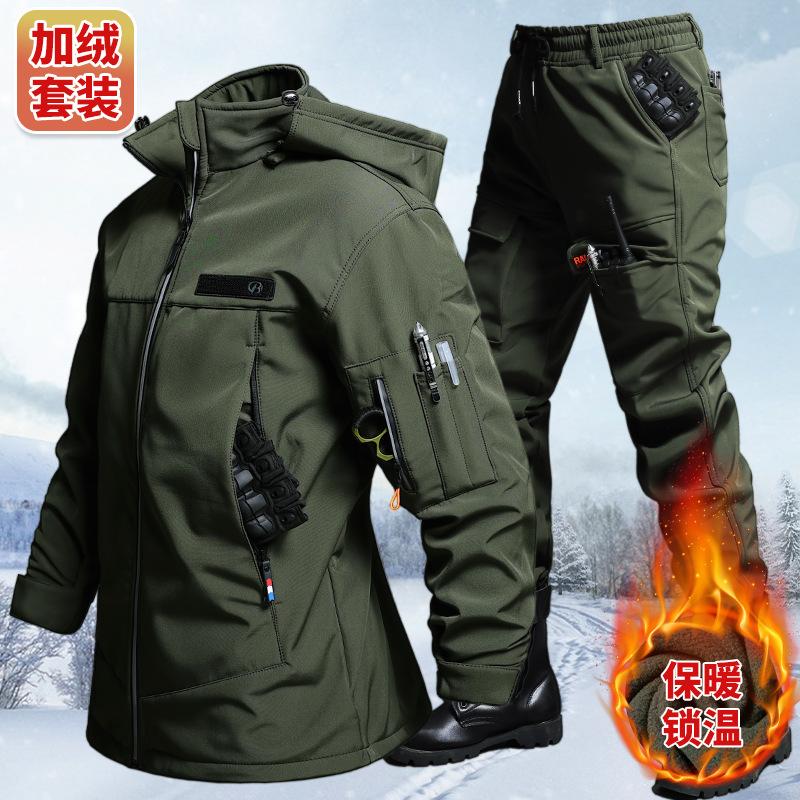 秋と冬のベルベット防水タクティカルジャケットとパンツセット男 - Winter Clothing Hiking のレビューと価格