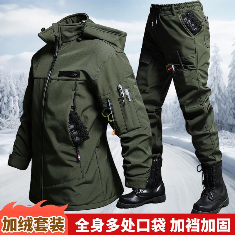 秋と冬のベルベット防水タクティカルジャケットとパンツセット男 - Winter Clothing Hiking のレビューと価格