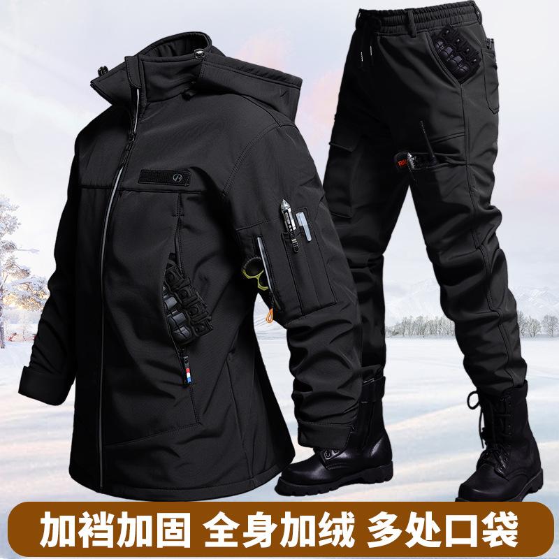 秋と冬のベルベット防水タクティカルジャケットとパンツセット男 - Winter Clothing Hiking のレビューと価格