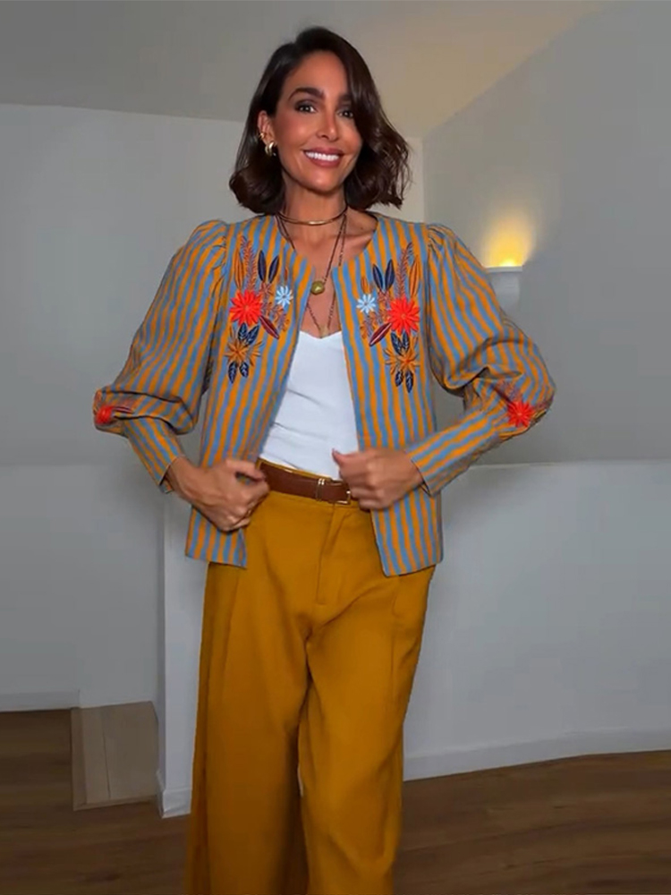 2026年初秋ストライプフラワー刺繍ジャケットラウンドネック - Winter Clothing For Women のレビューと価格